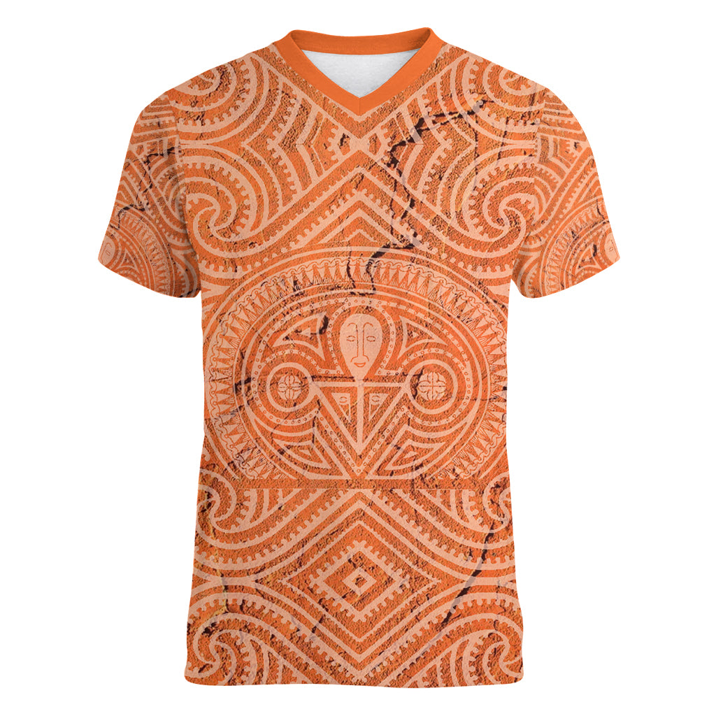 Personalised Lapita Culture Women V Neck T Shirt Iconic Double Face Pattern LT05 Female Brown - Polynesian Pride