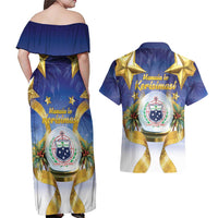 Samoa Christmas Couples Matching Off Shoulder Maxi Dress and Hawaiian Shirt Snow Globe With Samoan Santa - Polynesian Pride