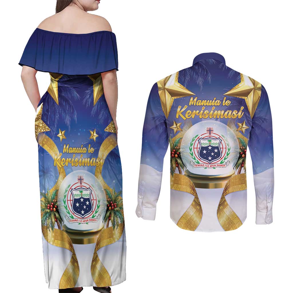 Samoa Christmas Couples Matching Off Shoulder Maxi Dress and Long Sleeve Button Shirt Snow Globe With Samoan Santa - Polynesian Pride