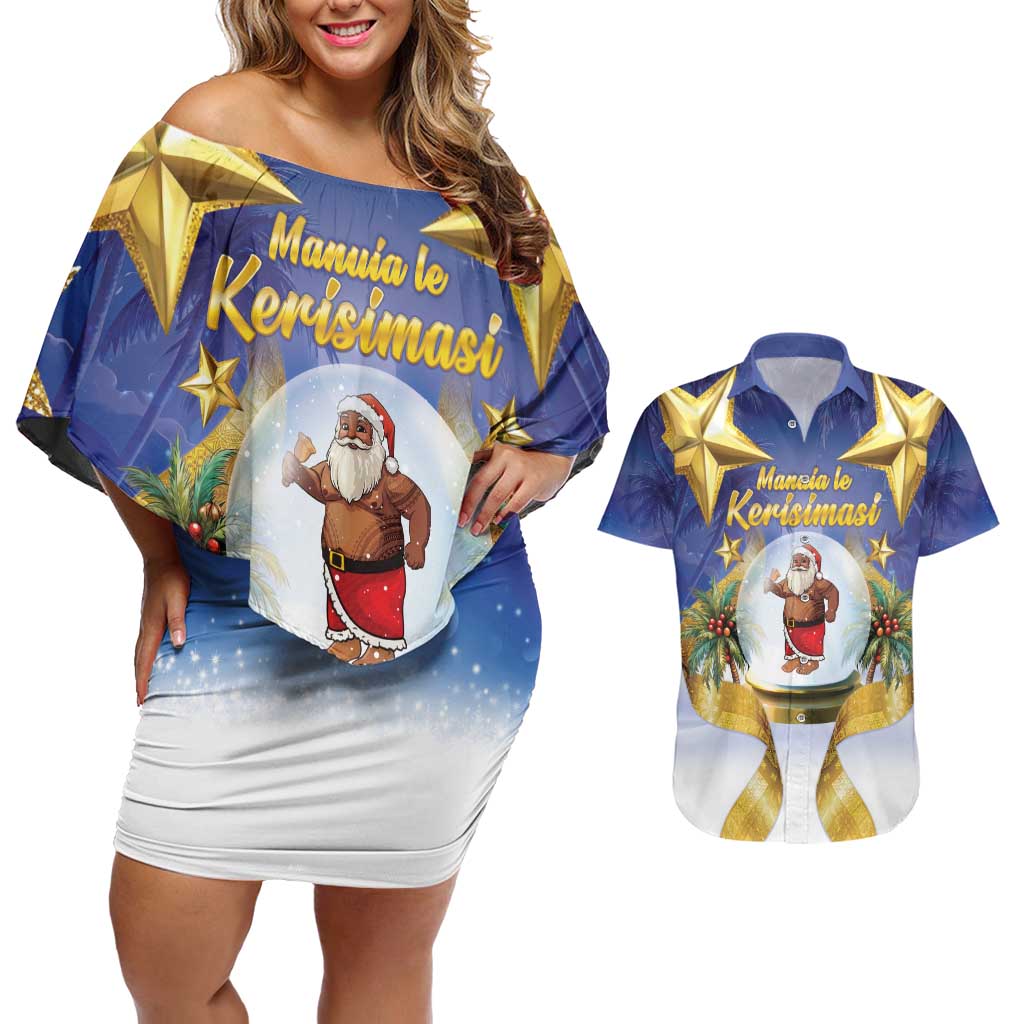 Samoa Christmas Couples Matching Off Shoulder Short Dress and Hawaiian Shirt Snow Globe With Samoan Santa - Polynesian Pride