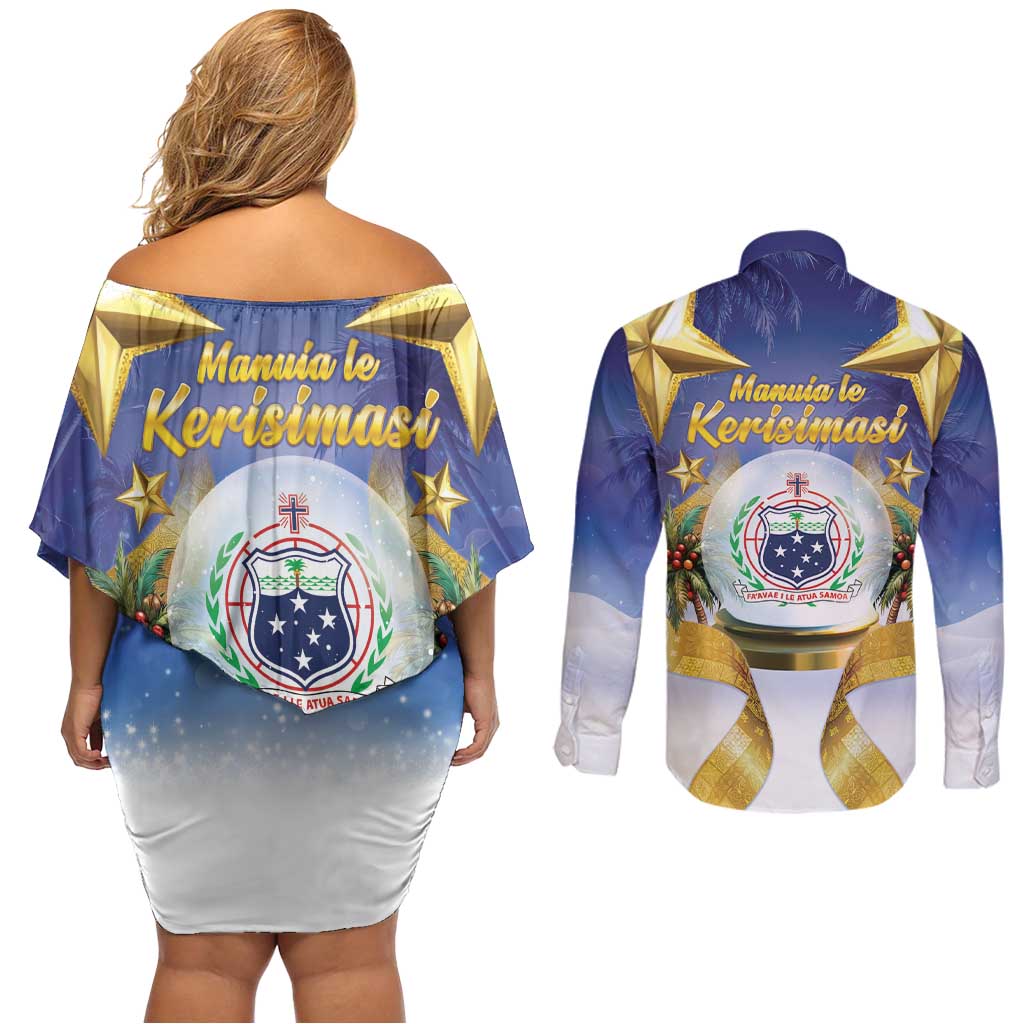 Samoa Christmas Couples Matching Off Shoulder Short Dress and Long Sleeve Button Shirt Snow Globe With Samoan Santa - Polynesian Pride