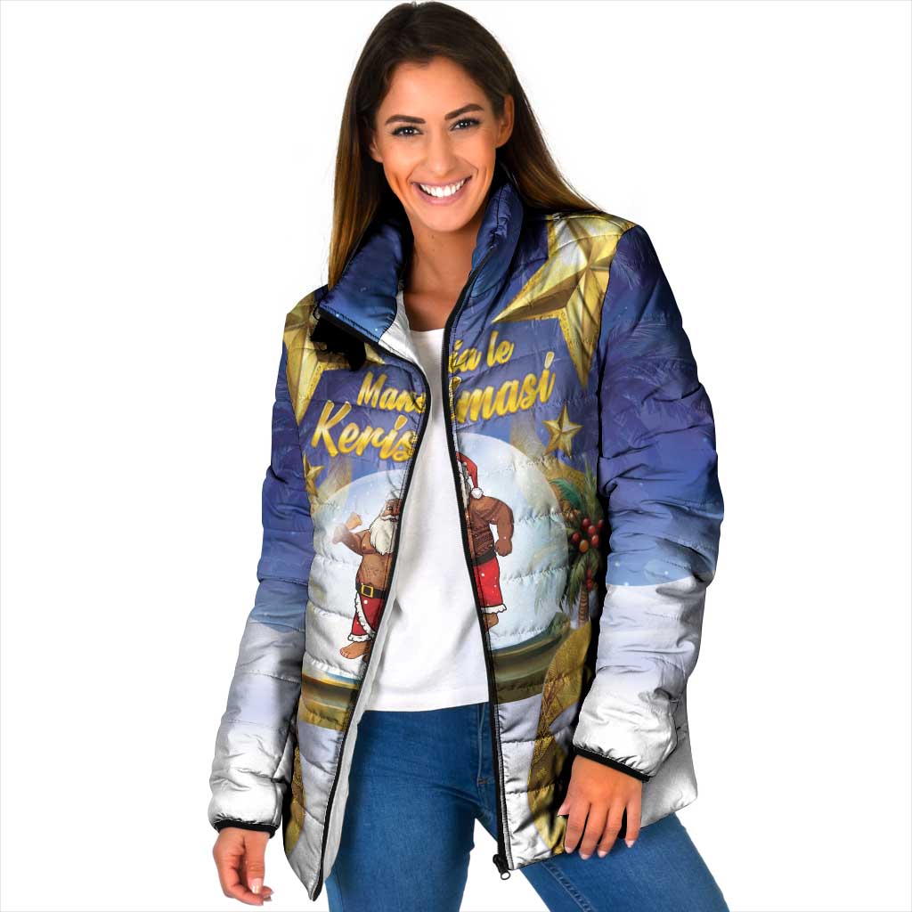 Samoa Christmas Padded Jacket Snow Globe With Samoan Santa LT05 Women Navy - Polynesian Pride