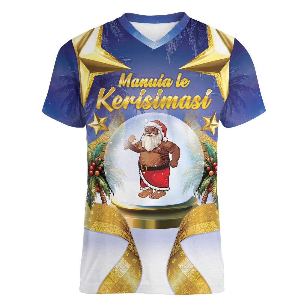 Samoa Christmas Women V-Neck T-Shirt Snow Globe With Samoan Santa - Polynesian Pride