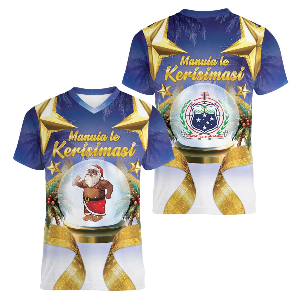 Samoa Christmas Women V-Neck T-Shirt Snow Globe With Samoan Santa - Polynesian Pride