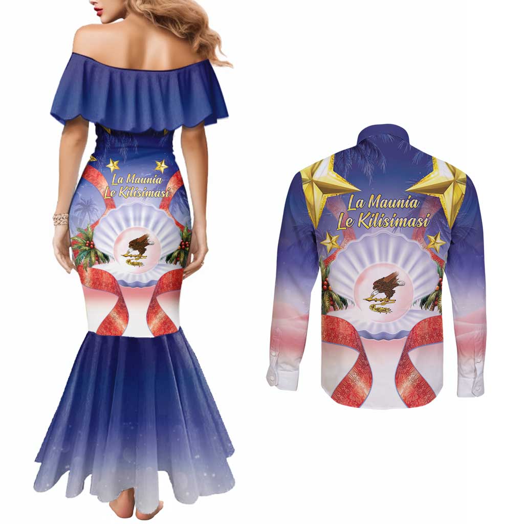 American Samoa Christmas Couples Matching Mermaid Dress and Long Sleeve Button Shirt Seashell Santa Beach Vibes - Polynesian Pride