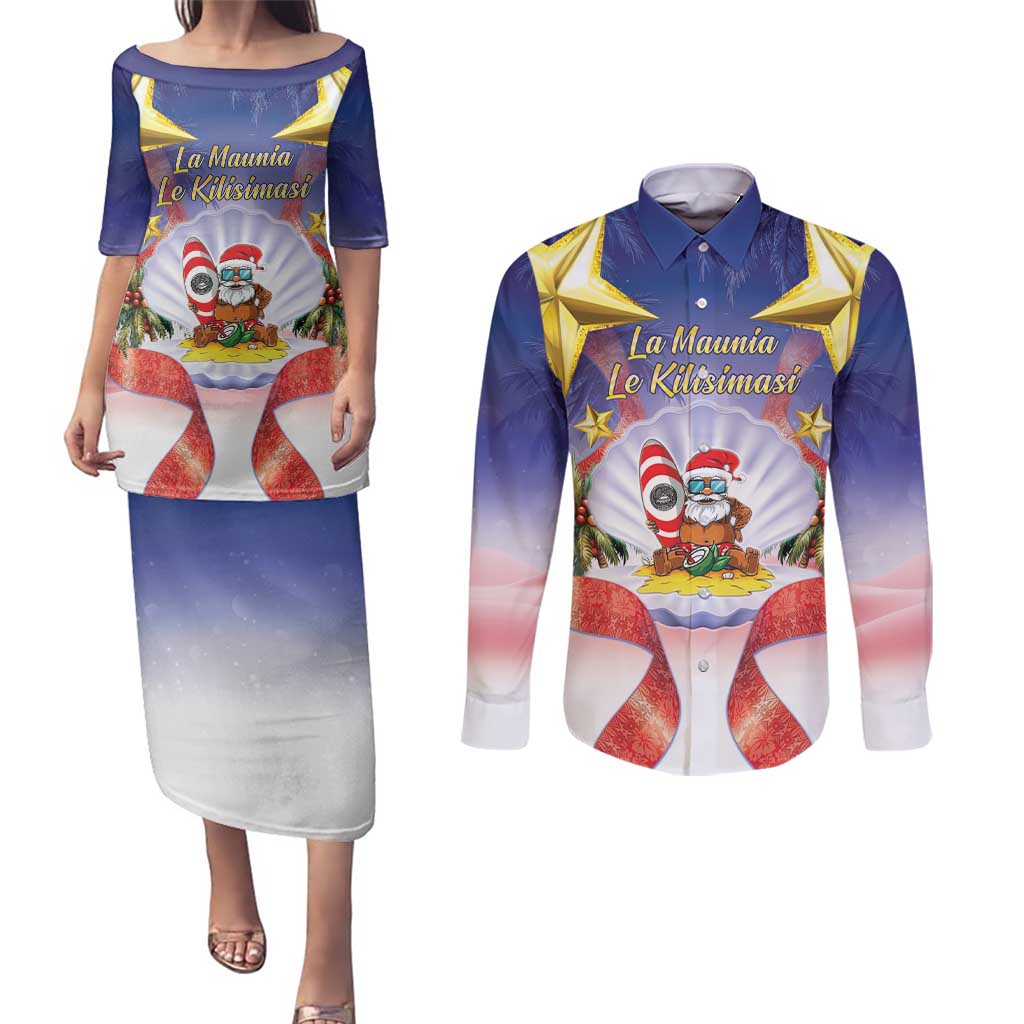 American Samoa Christmas Couples Matching Puletasi and Long Sleeve Button Shirt Seashell Santa Beach Vibes - Polynesian Pride