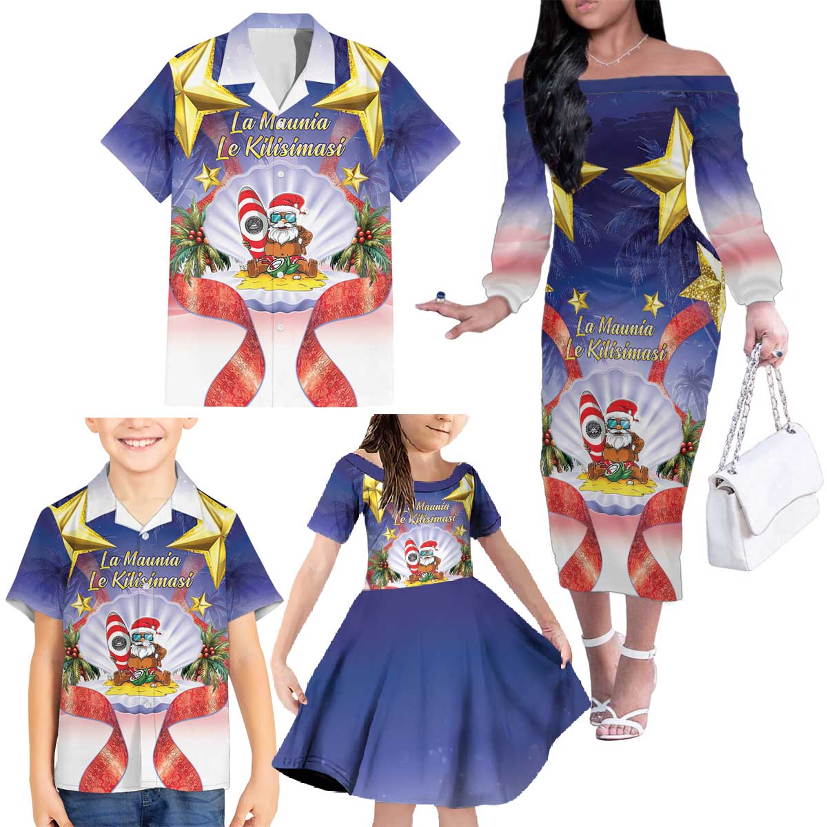 American Samoa Christmas Family Matching Off The Shoulder Long Sleeve Dress and Hawaiian Shirt Seashell Santa Beach Vibes - Polynesian Pride