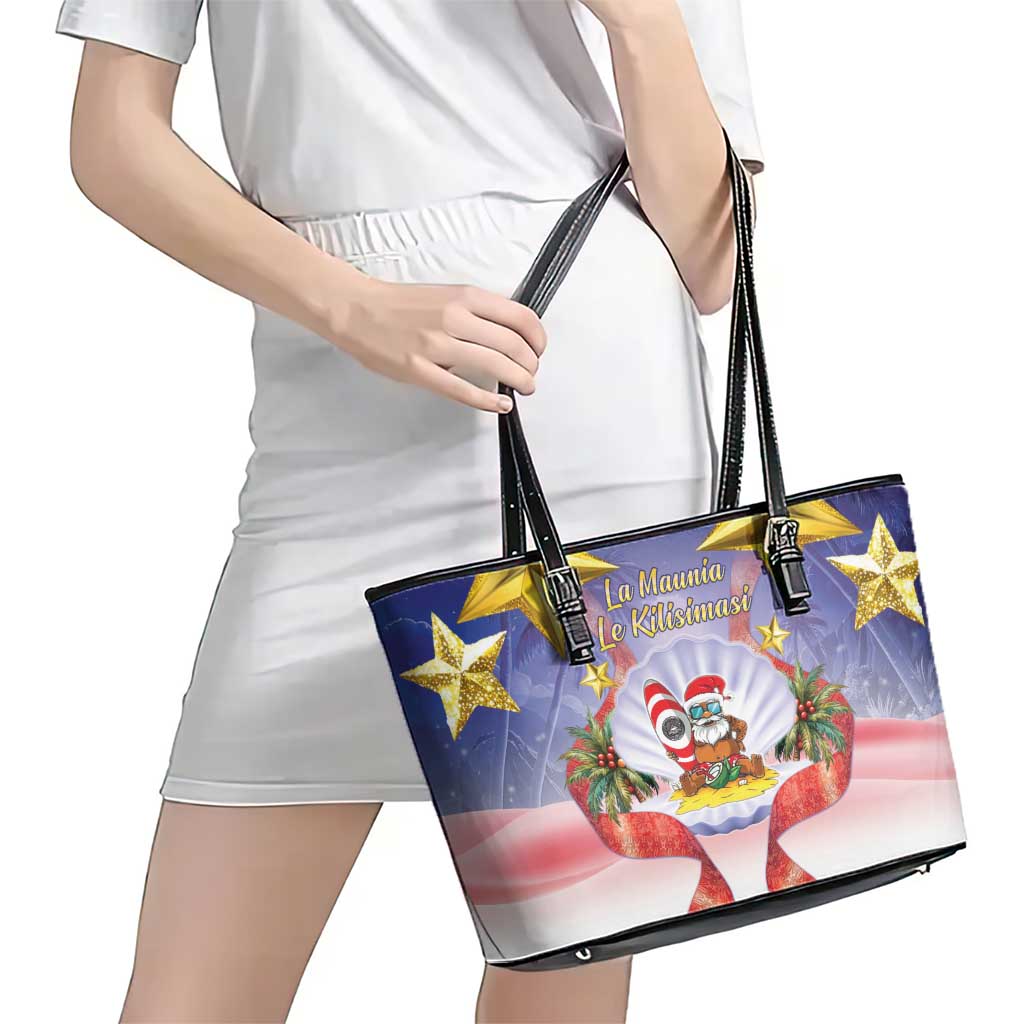 American Samoa Christmas Leather Tote Bag Seashell Santa Beach Vibes - Polynesian Pride