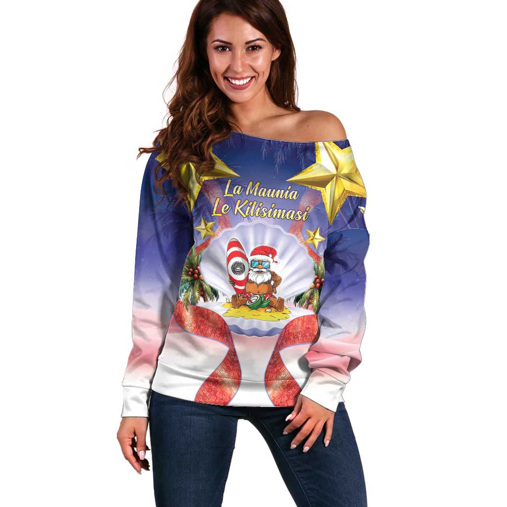 American Samoa Christmas Off Shoulder Sweater Seashell Santa Beach Vibes - Polynesian Pride