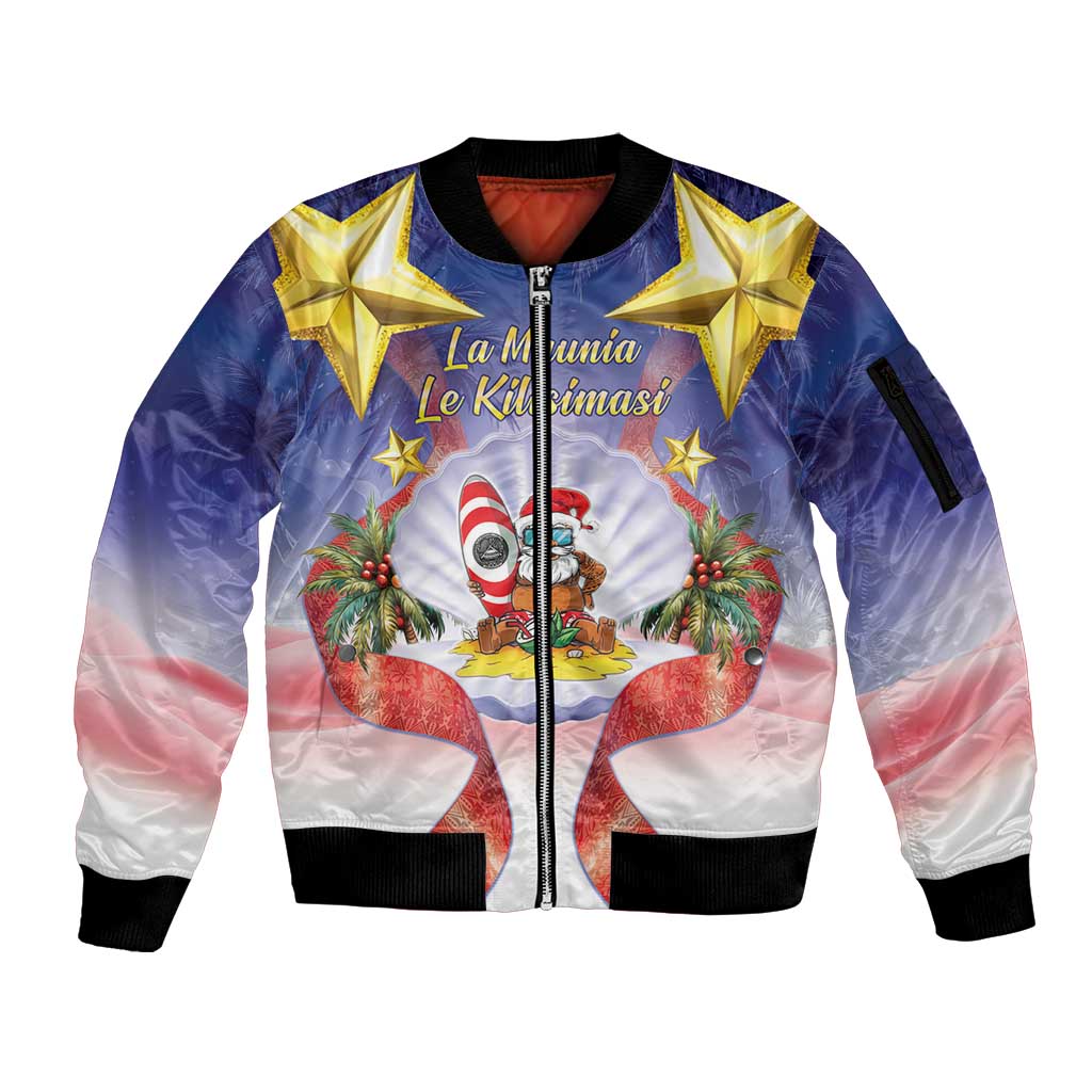 American Samoa Christmas Sleeve Zip Bomber Jacket Seashell Santa Beach Vibes - Polynesian Pride