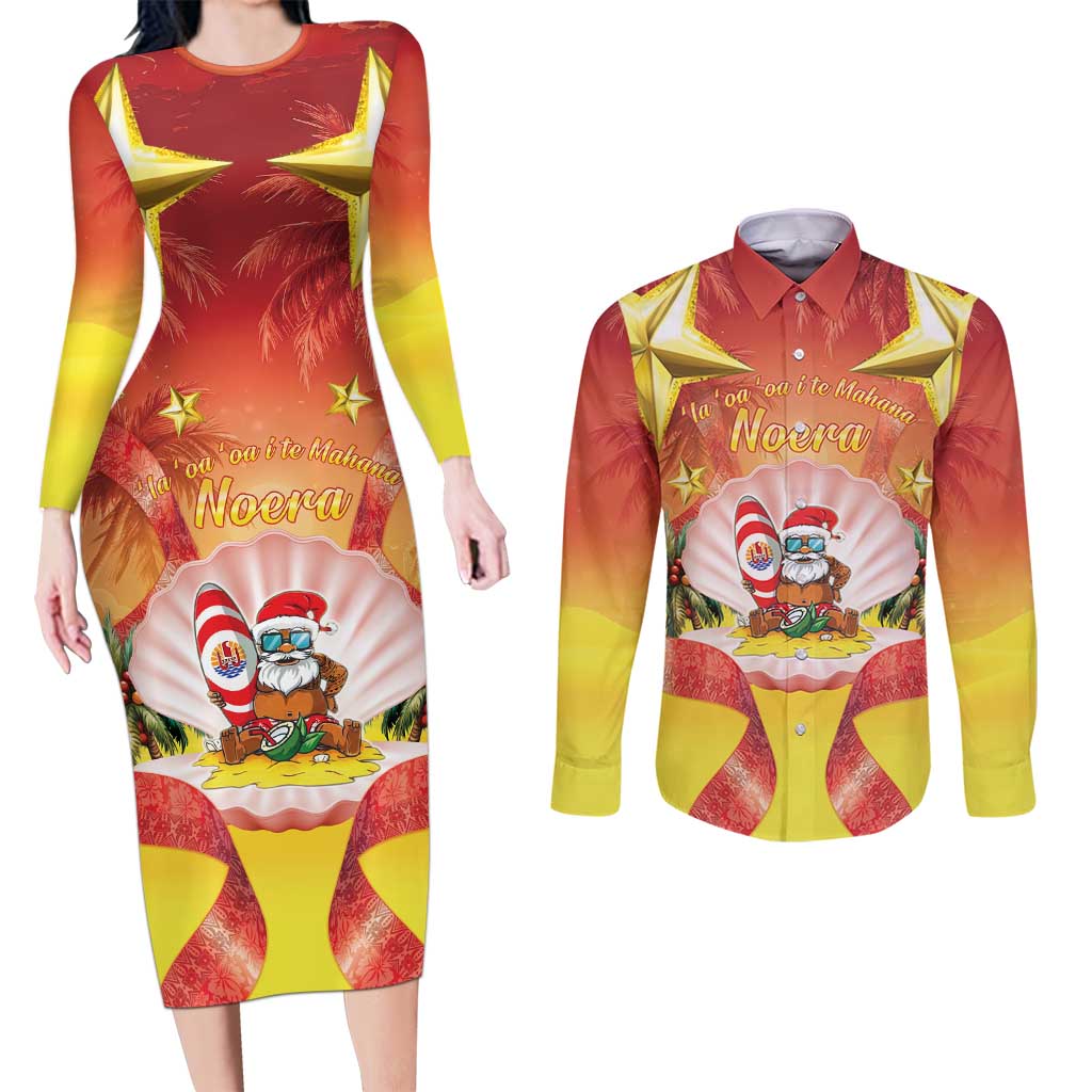French Polynesia Christmas Couples Matching Long Sleeve Bodycon Dress and Long Sleeve Button Shirt Seashell Santa Beach Vibes LT05 Orange - Polynesian Pride