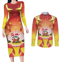 French Polynesia Christmas Couples Matching Long Sleeve Bodycon Dress and Long Sleeve Button Shirt Seashell Santa Beach Vibes LT05 Orange - Polynesian Pride