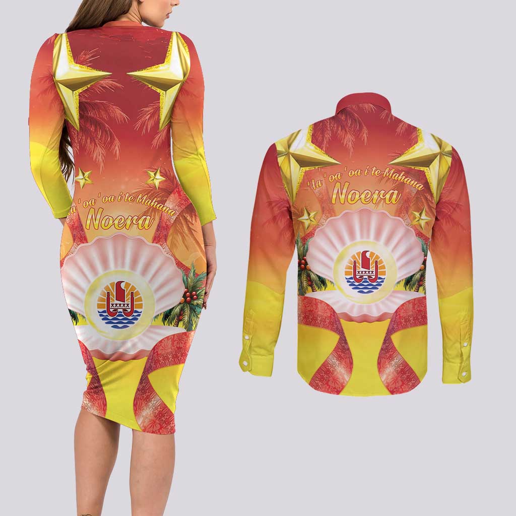 French Polynesia Christmas Couples Matching Long Sleeve Bodycon Dress and Long Sleeve Button Shirt Seashell Santa Beach Vibes LT05 - Polynesian Pride