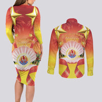 French Polynesia Christmas Couples Matching Long Sleeve Bodycon Dress and Long Sleeve Button Shirt Seashell Santa Beach Vibes LT05 - Polynesian Pride