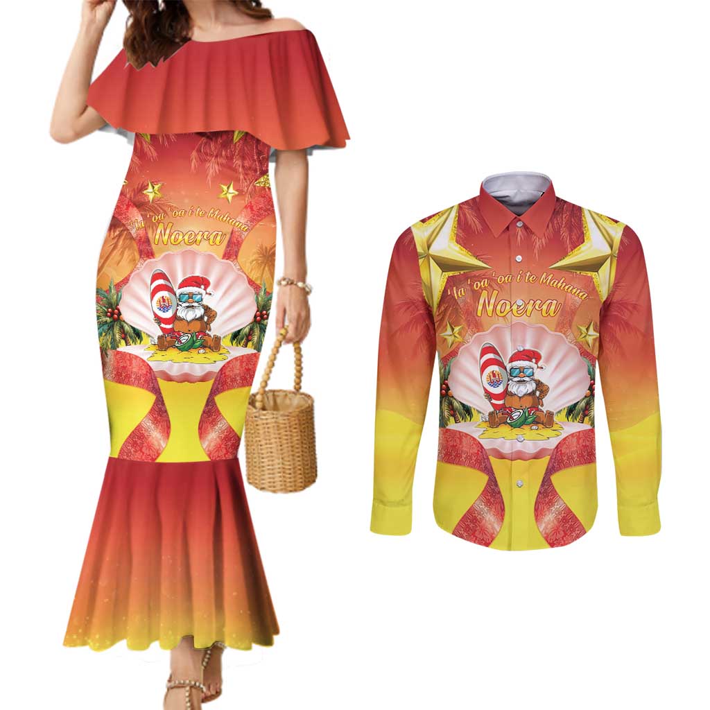 French Polynesia Christmas Couples Matching Mermaid Dress and Long Sleeve Button Shirt Seashell Santa Beach Vibes LT05 Orange - Polynesian Pride