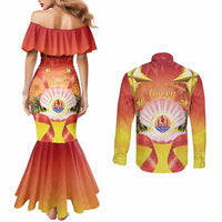 French Polynesia Christmas Couples Matching Mermaid Dress and Long Sleeve Button Shirt Seashell Santa Beach Vibes LT05 - Polynesian Pride