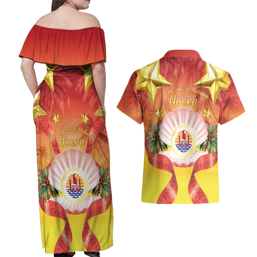 French Polynesia Christmas Couples Matching Off Shoulder Maxi Dress and Hawaiian Shirt Seashell Santa Beach Vibes - Polynesian Pride