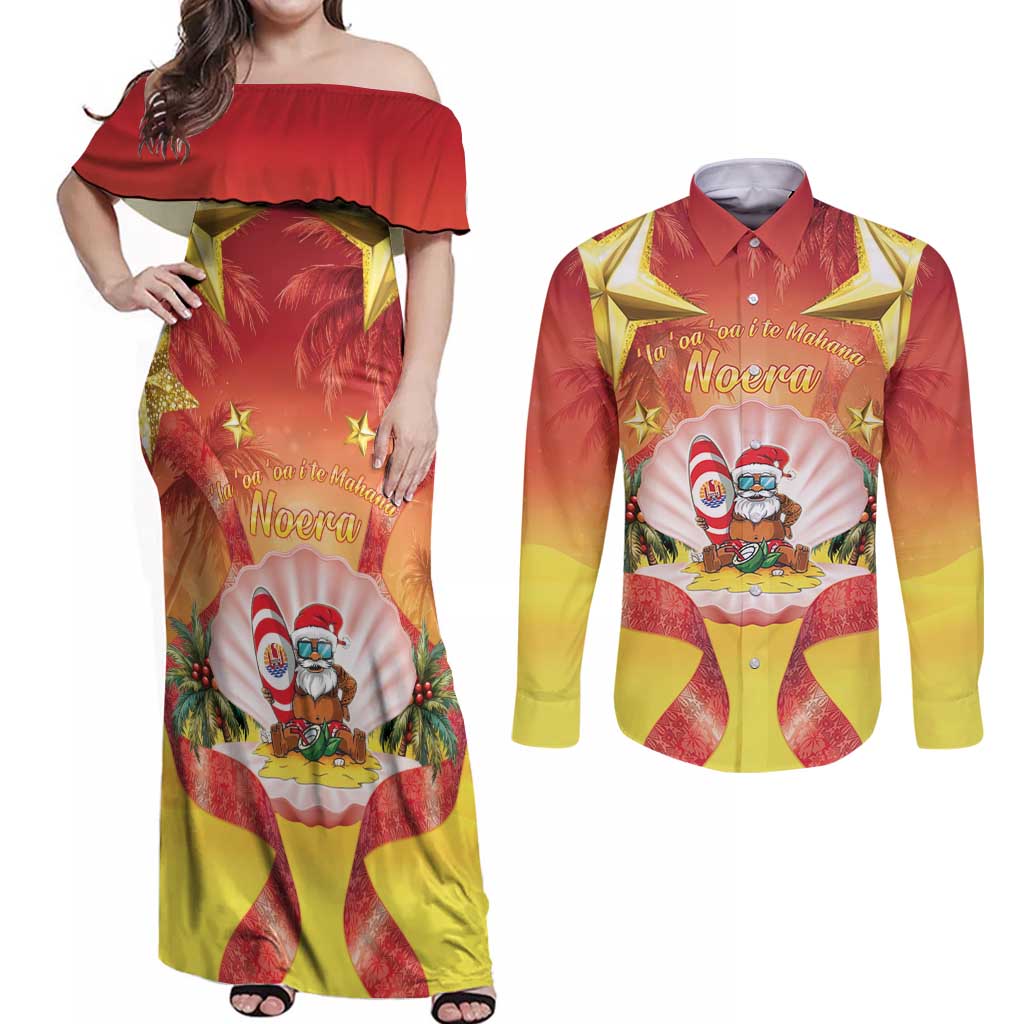 French Polynesia Christmas Couples Matching Off Shoulder Maxi Dress and Long Sleeve Button Shirt Seashell Santa Beach Vibes LT05 Orange - Polynesian Pride