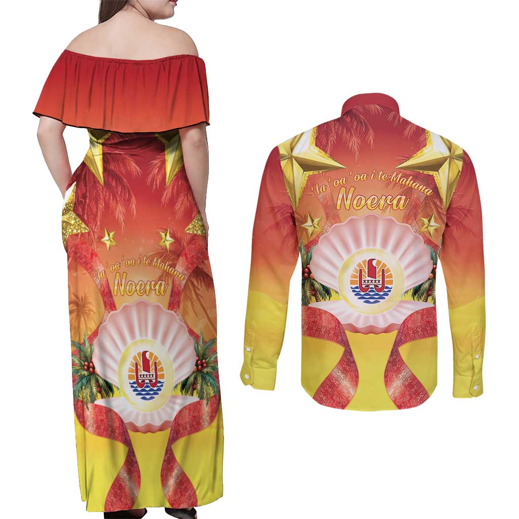 French Polynesia Christmas Couples Matching Off Shoulder Maxi Dress and Long Sleeve Button Shirt Seashell Santa Beach Vibes LT05 - Polynesian Pride