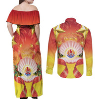 French Polynesia Christmas Couples Matching Off Shoulder Maxi Dress and Long Sleeve Button Shirt Seashell Santa Beach Vibes LT05 - Polynesian Pride