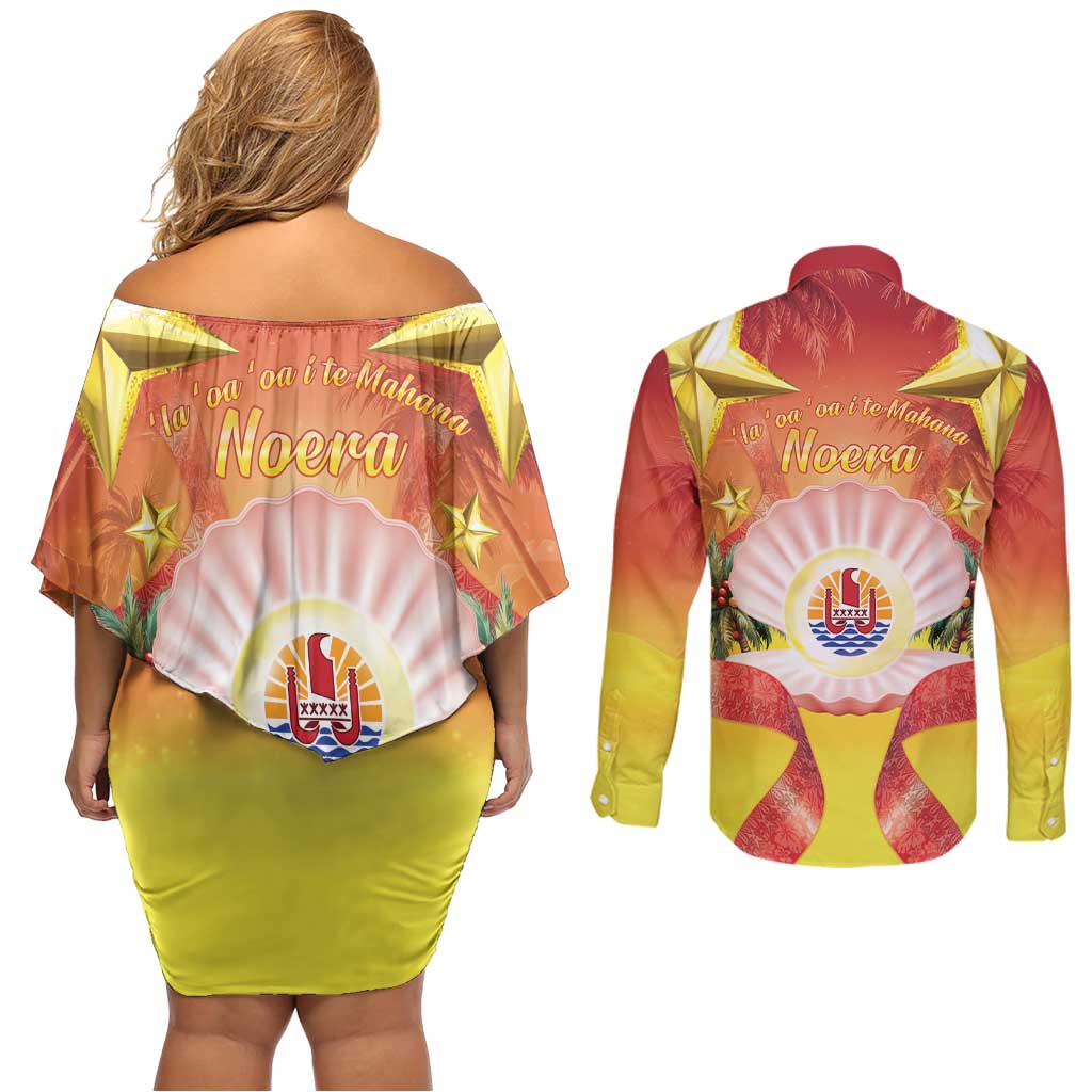 French Polynesia Christmas Couples Matching Off Shoulder Short Dress and Long Sleeve Button Shirt Seashell Santa Beach Vibes LT05 - Polynesian Pride