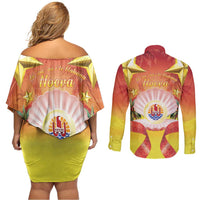 French Polynesia Christmas Couples Matching Off Shoulder Short Dress and Long Sleeve Button Shirt Seashell Santa Beach Vibes LT05 - Polynesian Pride