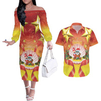 French Polynesia Christmas Couples Matching Off The Shoulder Long Sleeve Dress and Hawaiian Shirt Seashell Santa Beach Vibes - Polynesian Pride