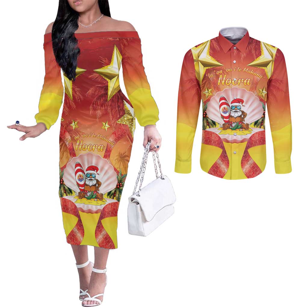 French Polynesia Christmas Couples Matching Off The Shoulder Long Sleeve Dress and Long Sleeve Button Shirt Seashell Santa Beach Vibes LT05 Orange - Polynesian Pride