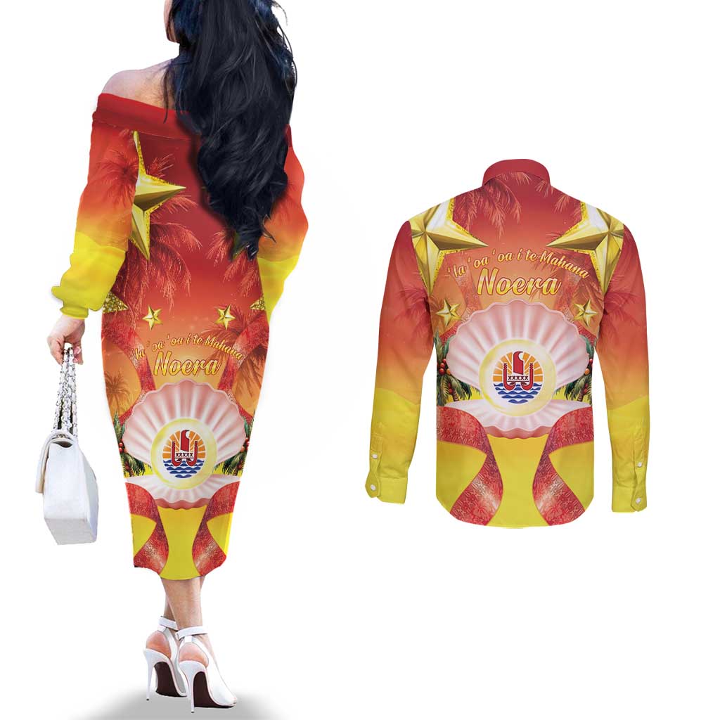 French Polynesia Christmas Couples Matching Off The Shoulder Long Sleeve Dress and Long Sleeve Button Shirt Seashell Santa Beach Vibes LT05 - Polynesian Pride