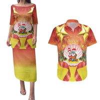 French Polynesia Christmas Couples Matching Puletasi and Hawaiian Shirt Seashell Santa Beach Vibes LT05 Orange - Polynesian Pride