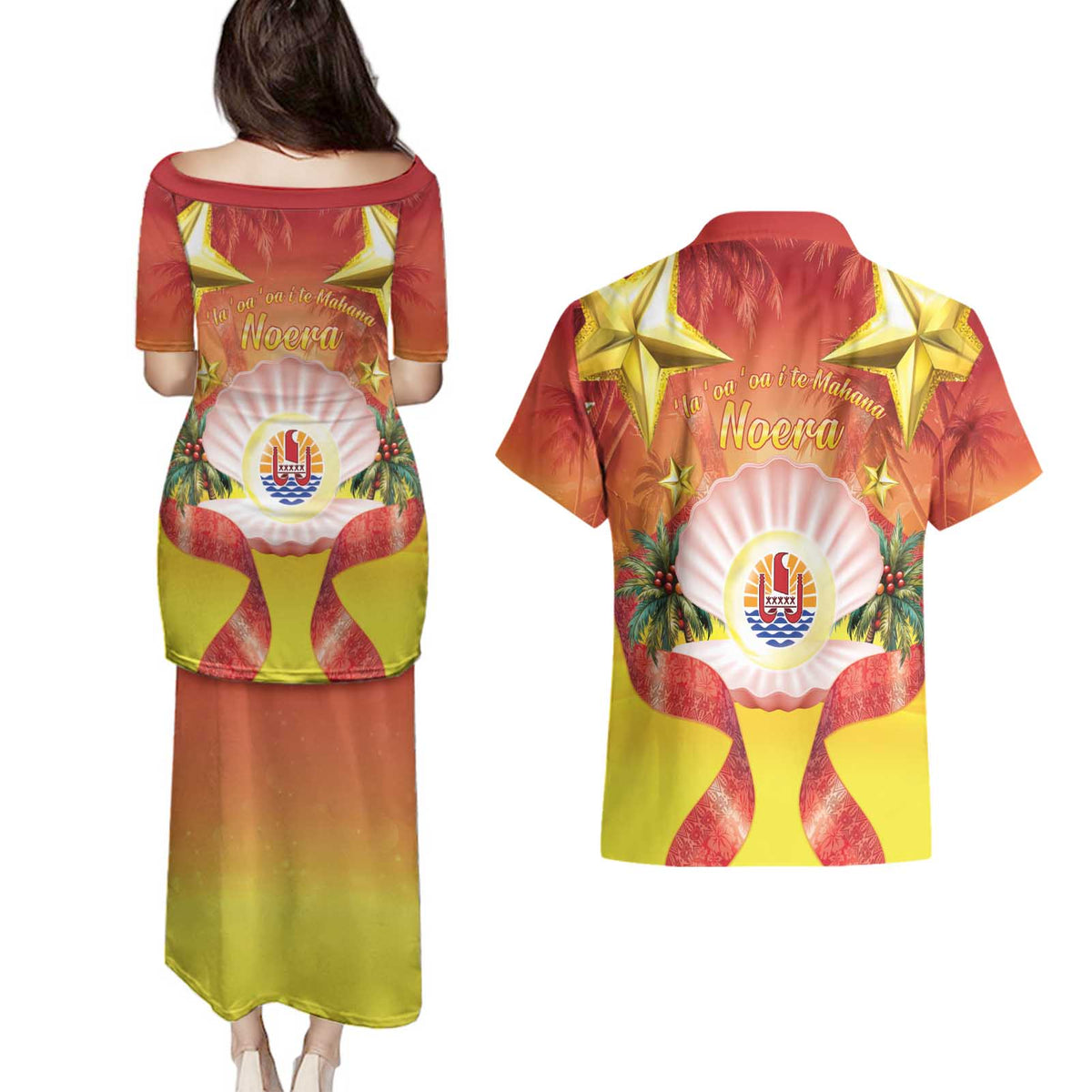 French Polynesia Christmas Couples Matching Puletasi and Hawaiian Shirt Seashell Santa Beach Vibes LT05 - Polynesian Pride