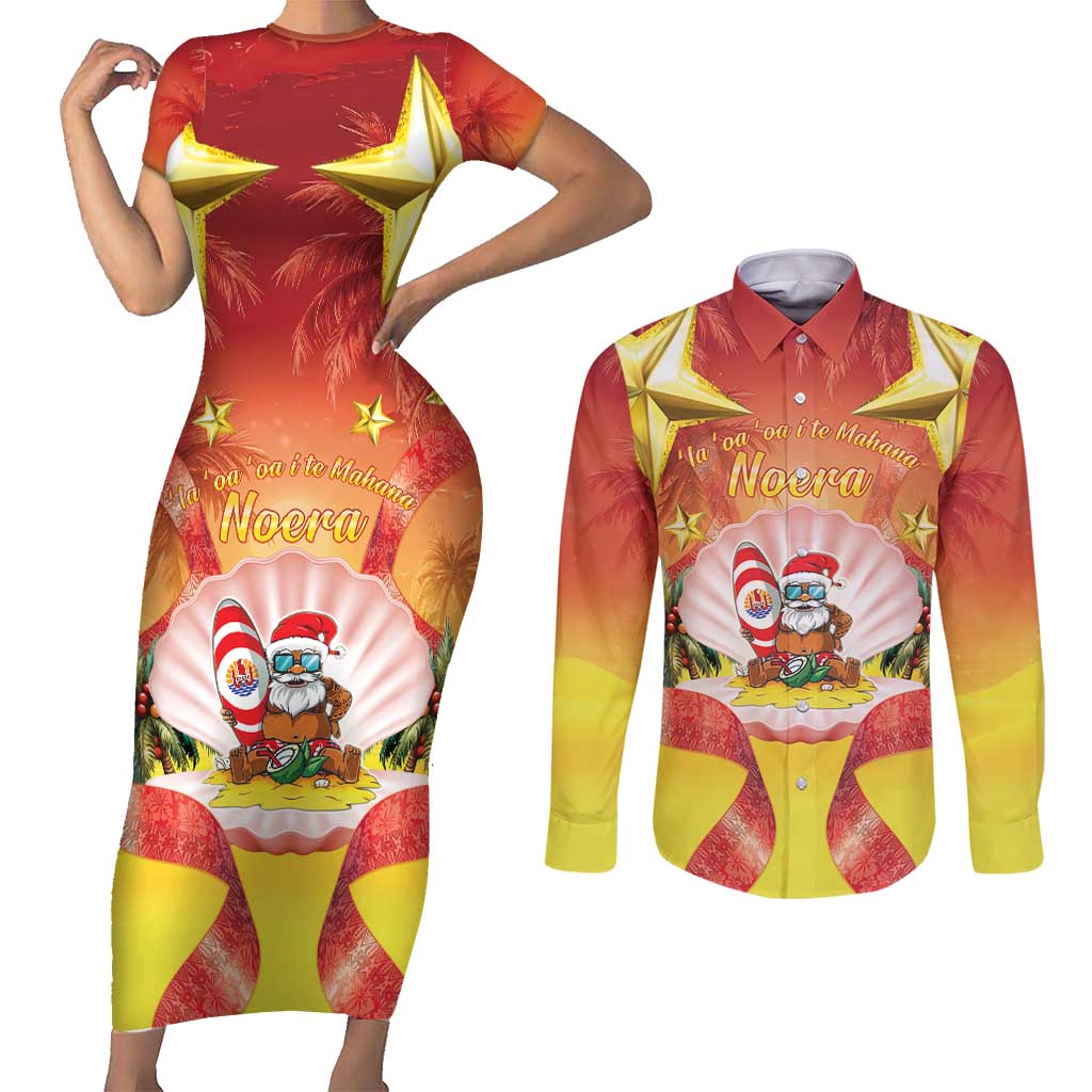 French Polynesia Christmas Couples Matching Short Sleeve Bodycon Dress and Long Sleeve Button Shirt Seashell Santa Beach Vibes LT05 Orange - Polynesian Pride