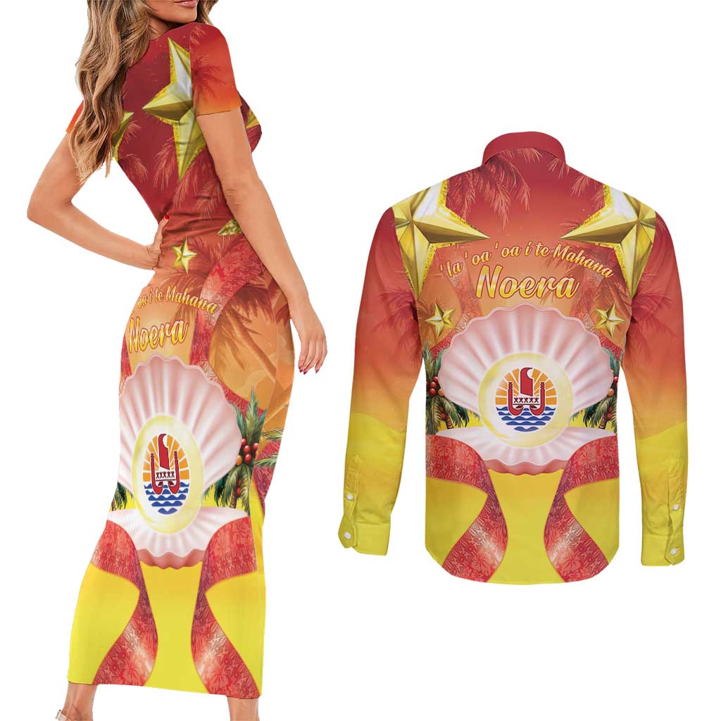 French Polynesia Christmas Couples Matching Short Sleeve Bodycon Dress and Long Sleeve Button Shirt Seashell Santa Beach Vibes LT05 - Polynesian Pride