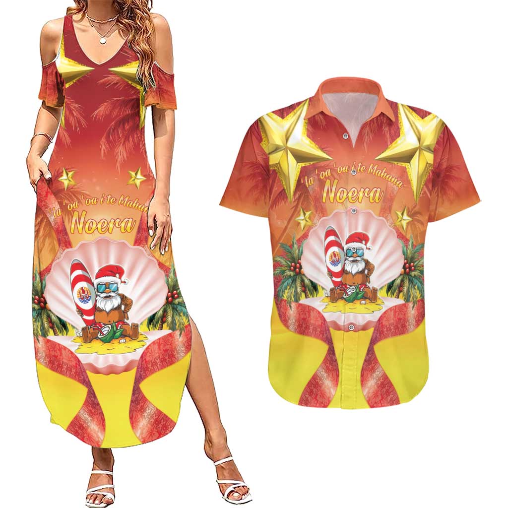 French Polynesia Christmas Couples Matching Summer Maxi Dress and Hawaiian Shirt Seashell Santa Beach Vibes - Polynesian Pride