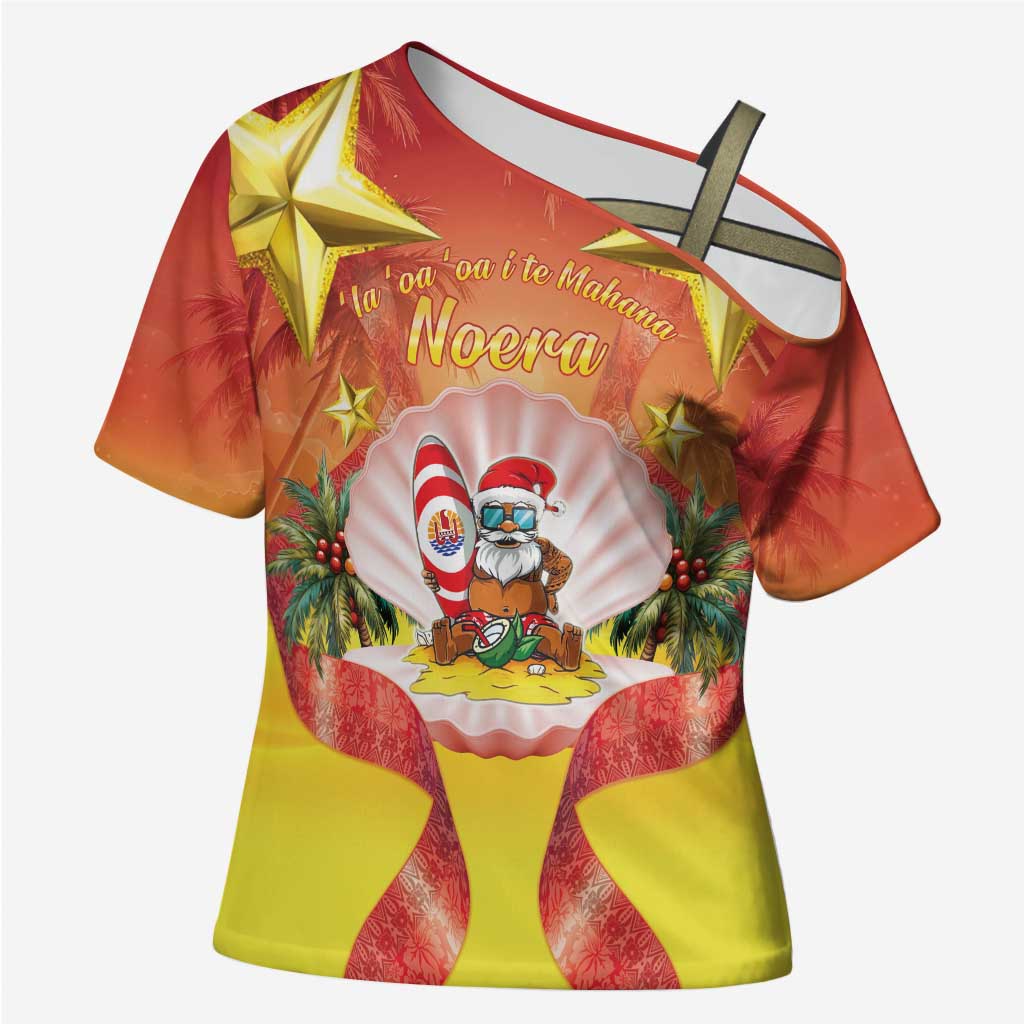 French Polynesia Christmas Cross Shoulder Shirt Seashell Santa Beach Vibes LT05 Female Orange - Polynesian Pride