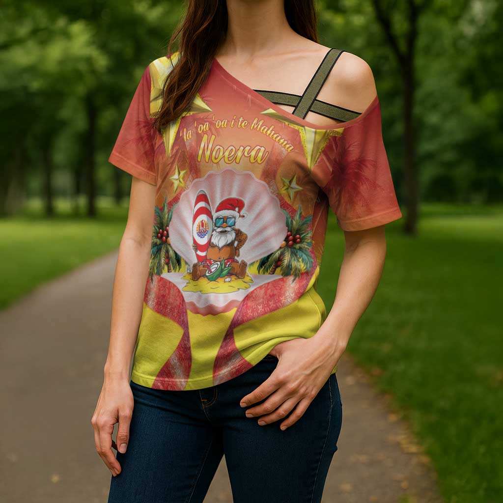 French Polynesia Christmas Cross Shoulder Shirt Seashell Santa Beach Vibes LT05 - Polynesian Pride