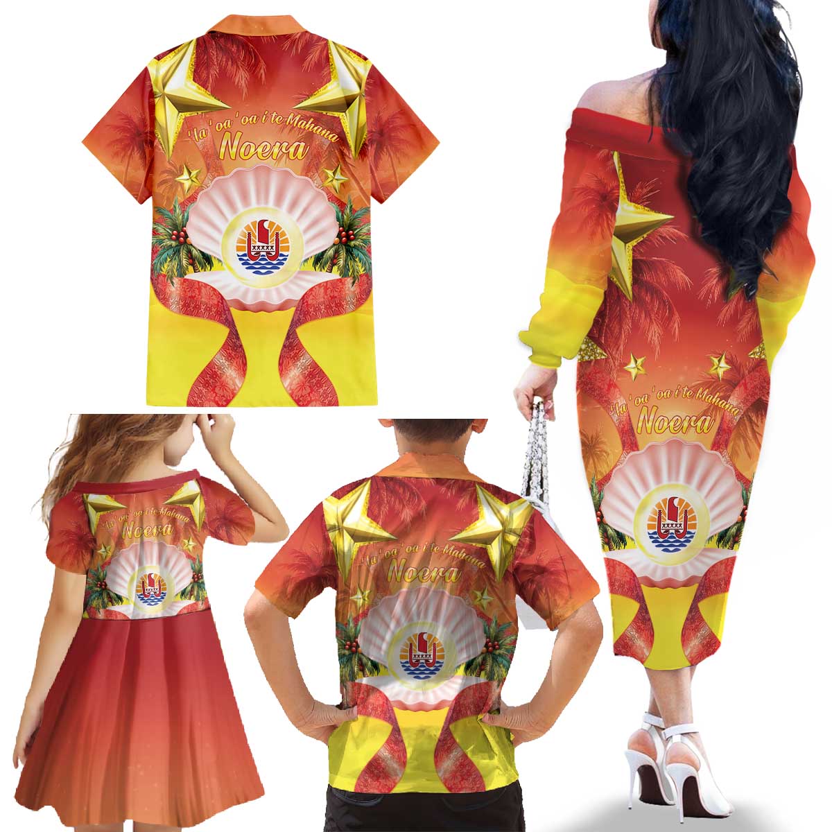 French Polynesia Christmas Family Matching Off The Shoulder Long Sleeve Dress and Hawaiian Shirt Seashell Santa Beach Vibes - Polynesian Pride