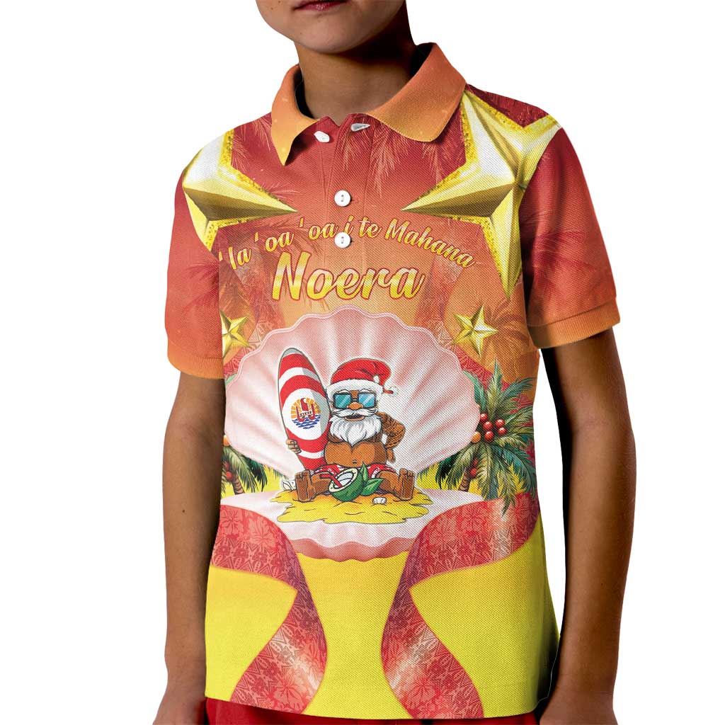 French Polynesia Christmas Kid Polo Shirt Seashell Santa Beach Vibes - Polynesian Pride