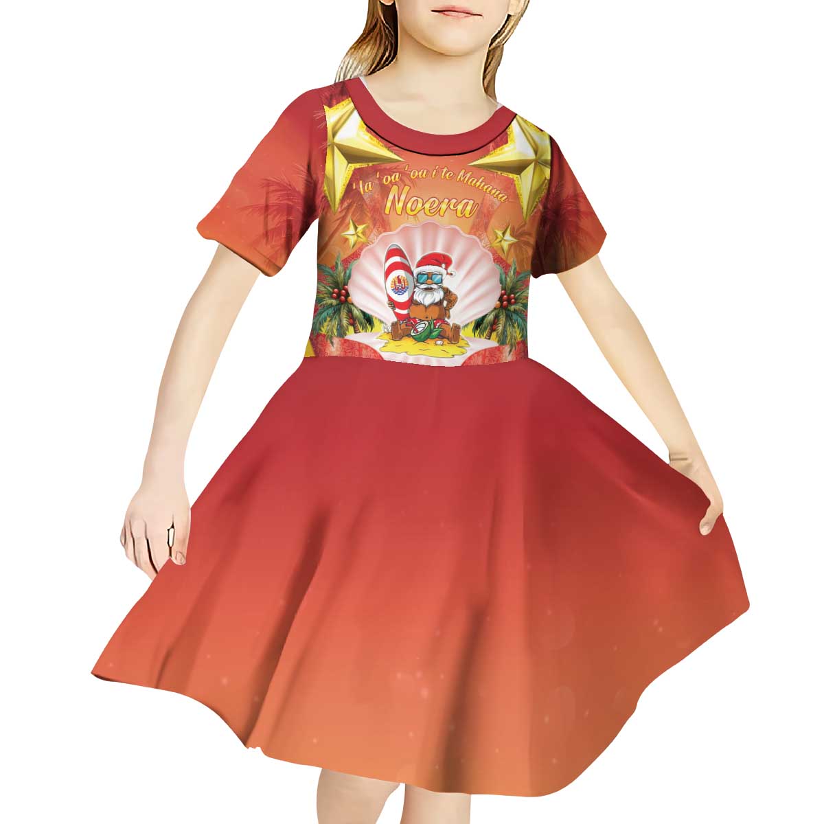 French Polynesia Christmas Kid Short Sleeve Dress Seashell Santa Beach Vibes - Polynesian Pride
