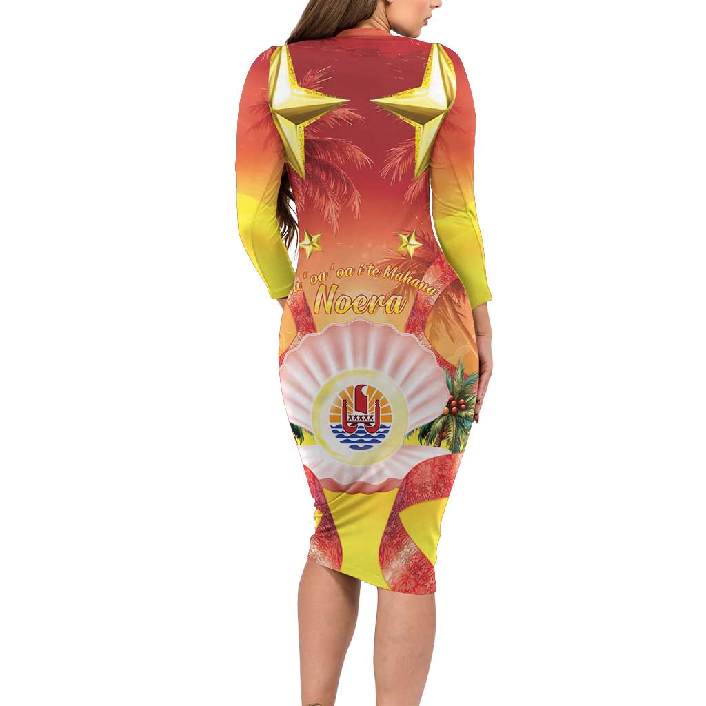 French Polynesia Christmas Long Sleeve Bodycon Dress Seashell Santa Beach Vibes - Polynesian Pride