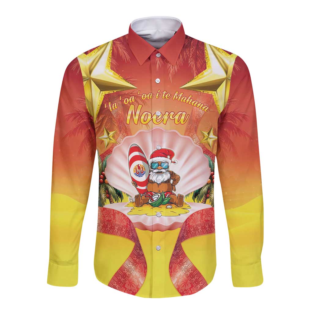 French Polynesia Christmas Long Sleeve Button Shirt Seashell Santa Beach Vibes LT05 Unisex Orange - Polynesian Pride