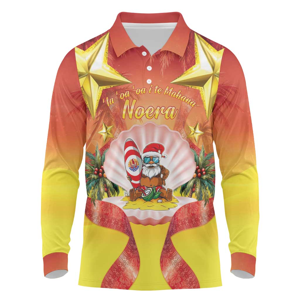 French Polynesia Christmas Long Sleeve Polo Shirt Seashell Santa Beach Vibes LT05 Orange - Polynesian Pride