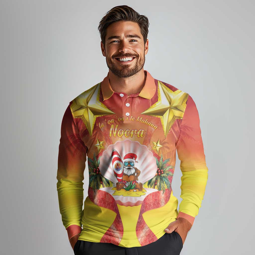 French Polynesia Christmas Long Sleeve Polo Shirt Seashell Santa Beach Vibes LT05 - Polynesian Pride