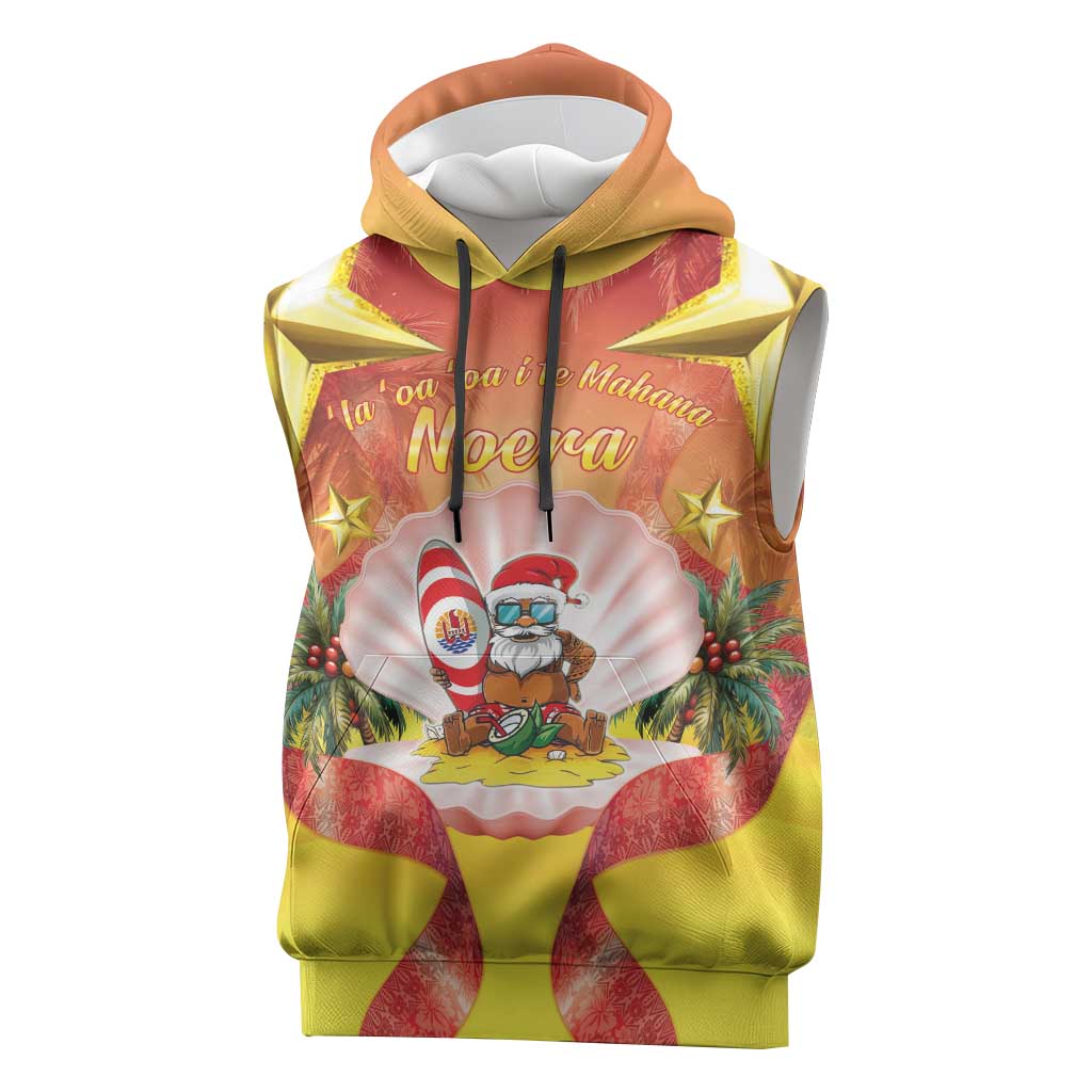French Polynesia Christmas Sleeveless Hoodie Seashell Santa Beach Vibes LT05 Orange - Polynesian Pride