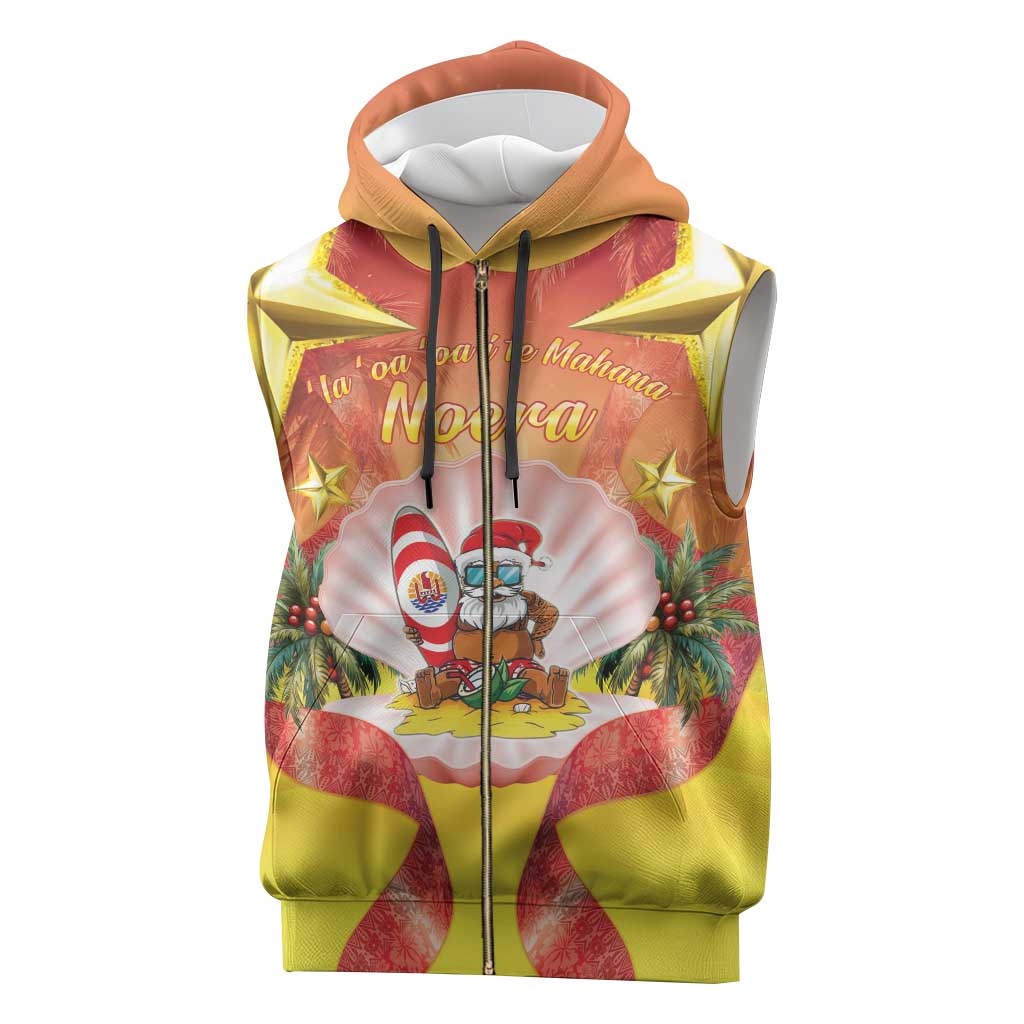 French Polynesia Christmas Sleeveless Zip Hoodie Seashell Santa Beach Vibes - Polynesian Pride