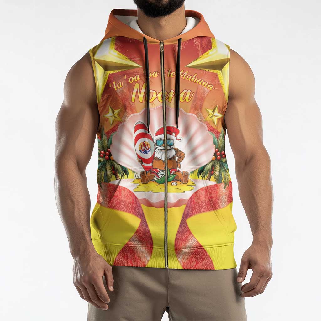 French Polynesia Christmas Sleeveless Zip Hoodie Seashell Santa Beach Vibes - Polynesian Pride