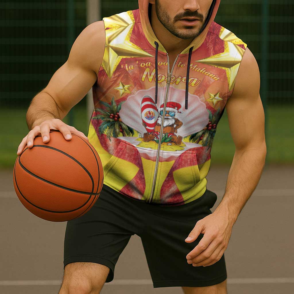 French Polynesia Christmas Sleeveless Zip Hoodie Seashell Santa Beach Vibes - Polynesian Pride