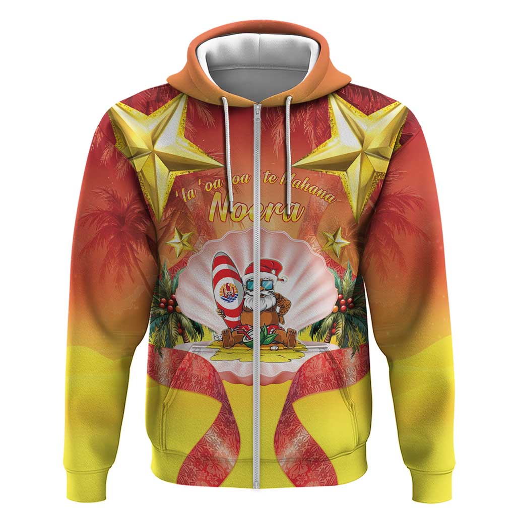 French Polynesia Christmas Zip Hoodie Seashell Santa Beach Vibes - Polynesian Pride