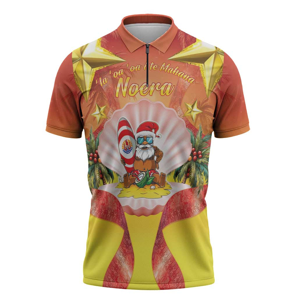 French Polynesia Christmas Zipper Polo Shirt Seashell Santa Beach Vibes LT05 Orange - Polynesian Pride