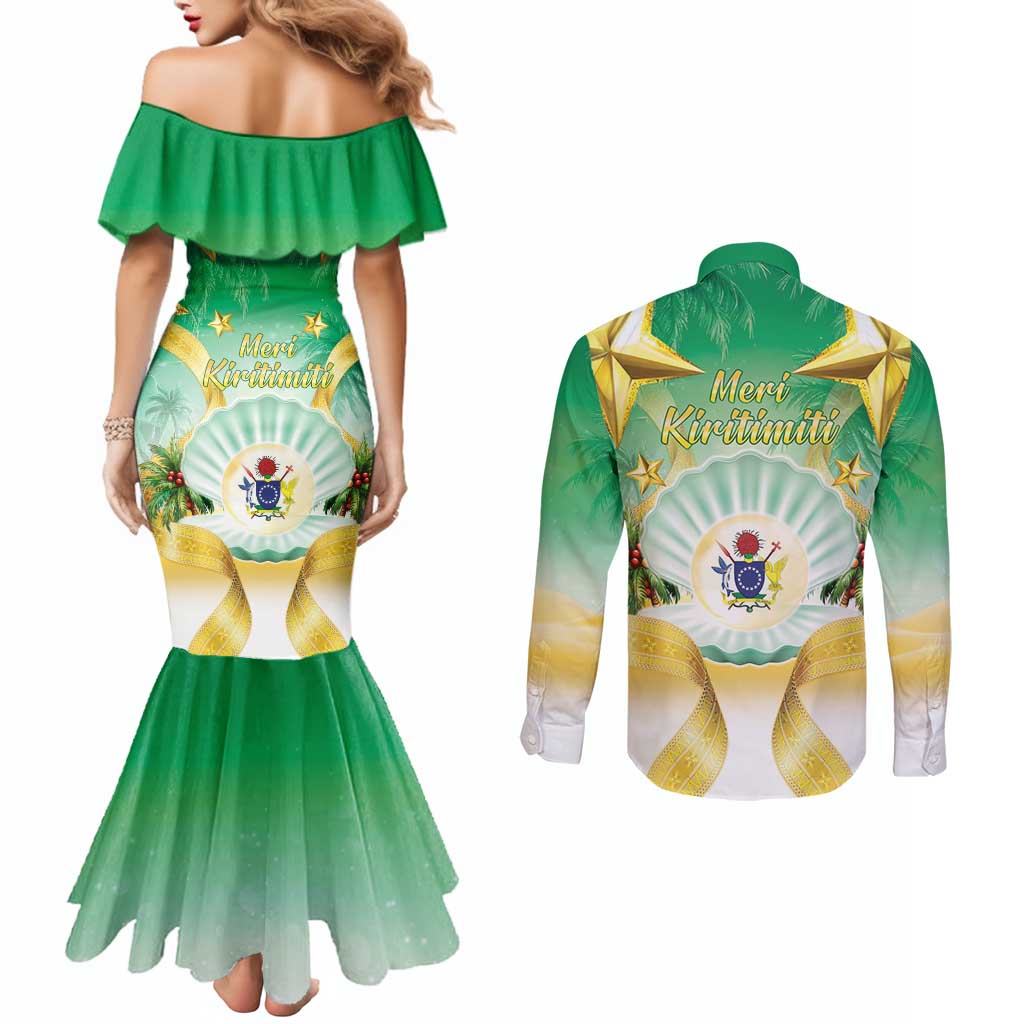 Cook Islands Christmas Couples Matching Mermaid Dress and Long Sleeve Button Shirt Seashell Santa Beach Vibes - Polynesian Pride